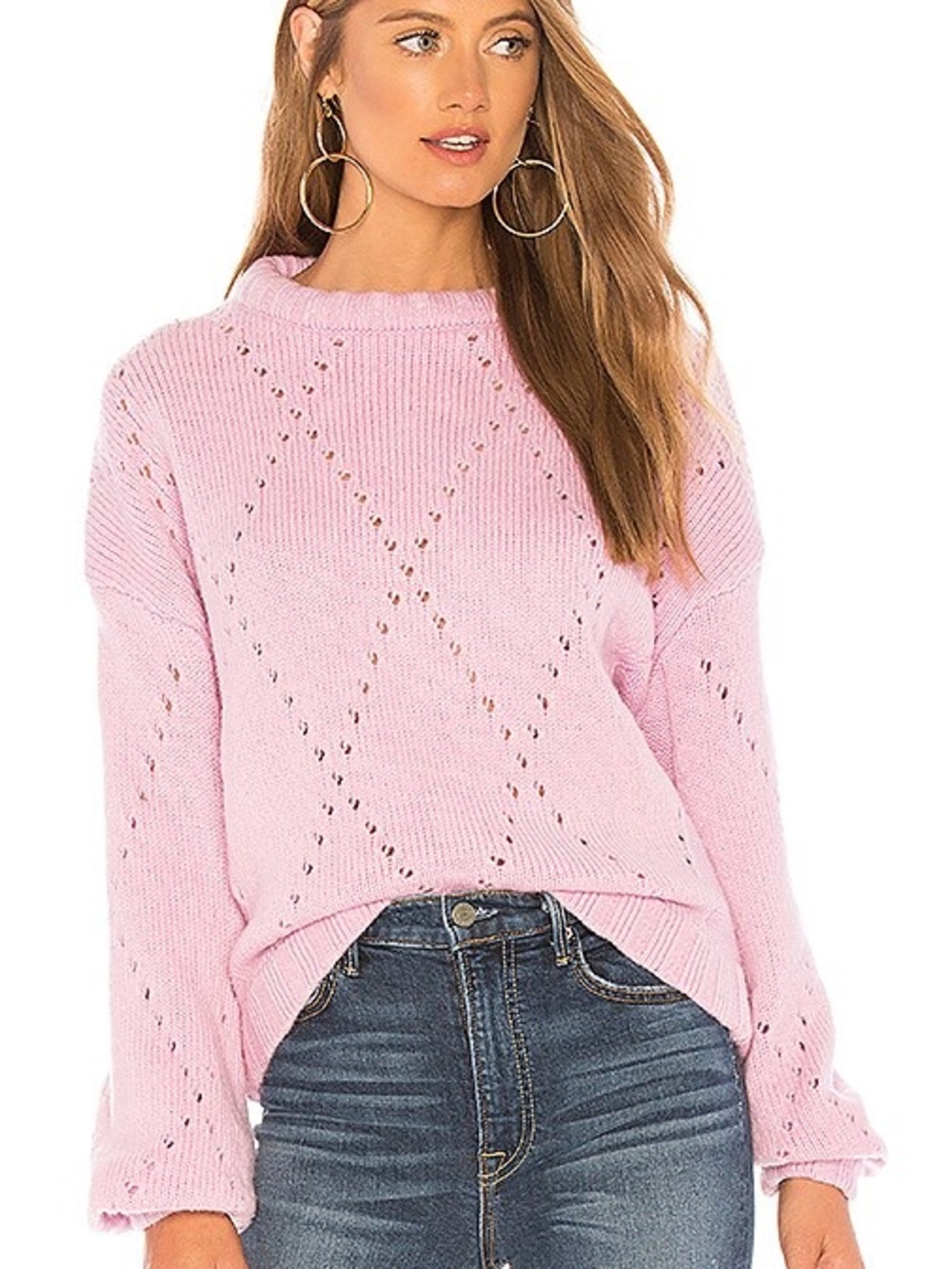 For Love And Lemons Pink Open-Knit Crewneck Sweater